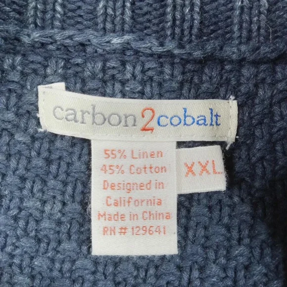 Carbon 2 Cobalt Sweater Mens 2XL Blue Linen Cotton Mock Neck Cable Knit Pullover - Picture 2 of 6